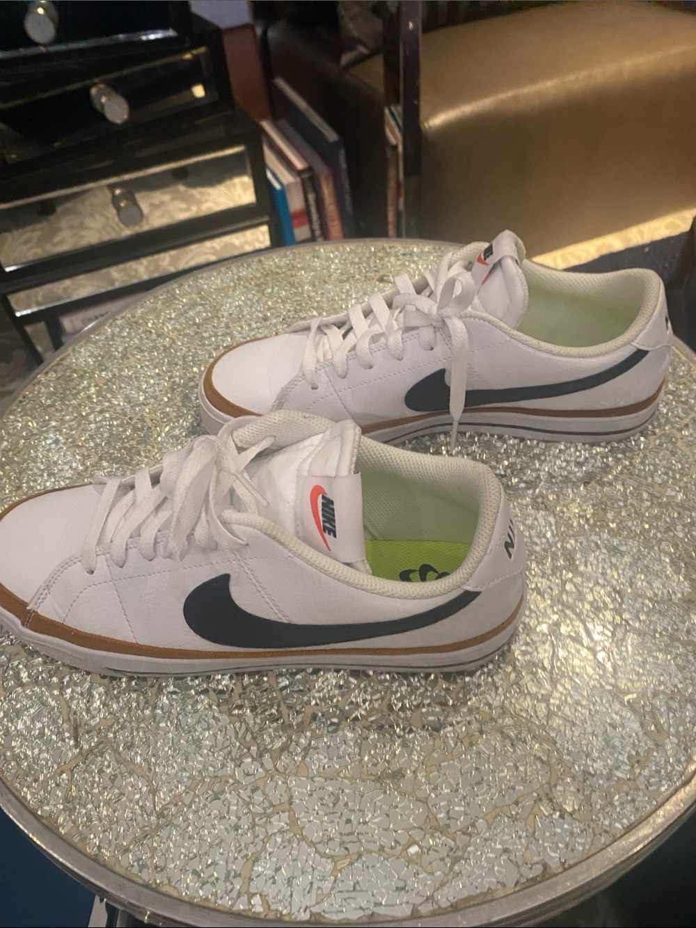 Nike Womens White Sneakers with Black Swoosh and Brown Trim - Picture 5 of 7
